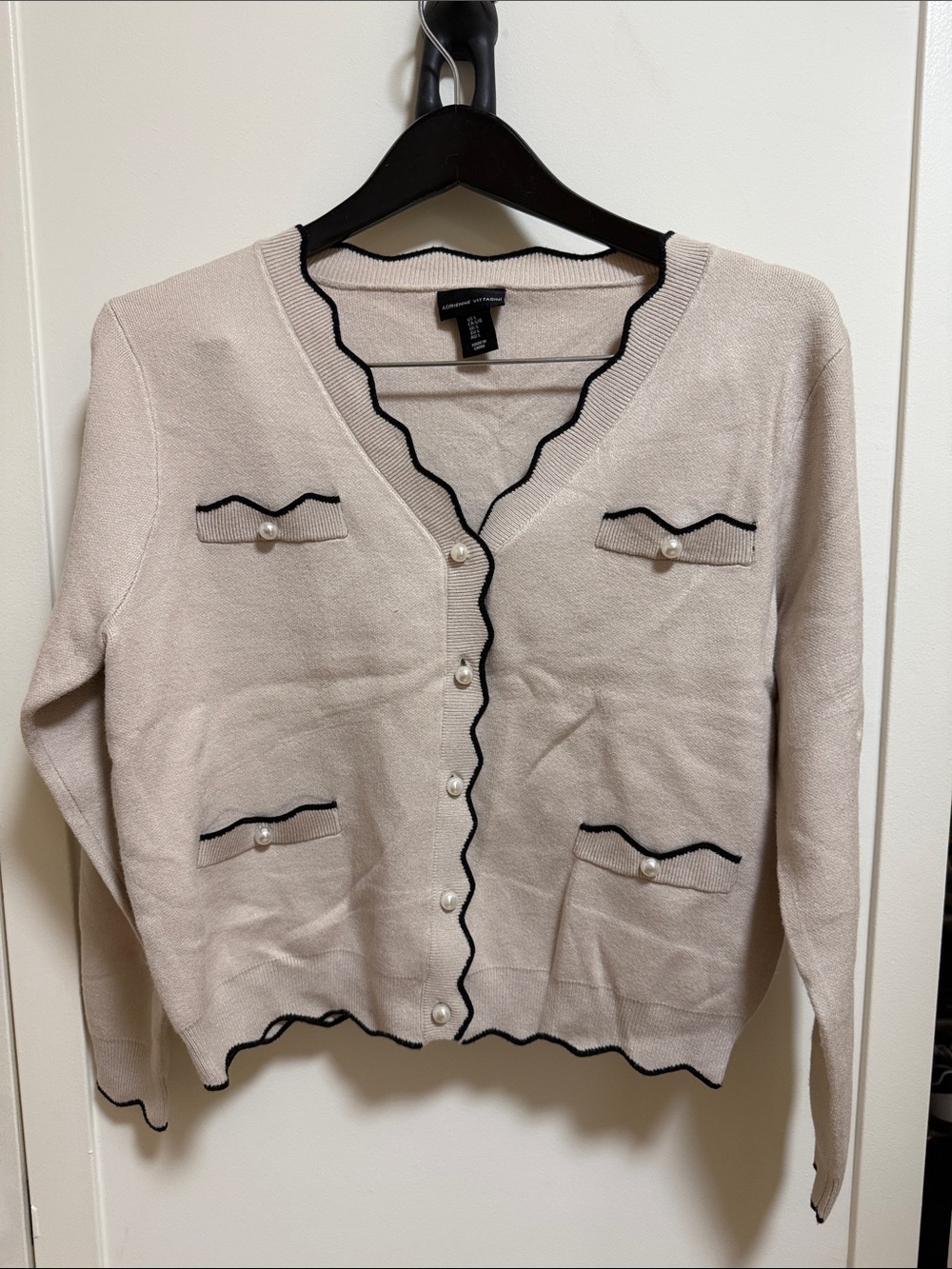 Cream Scallop-Trim Button Cardigan Sweater